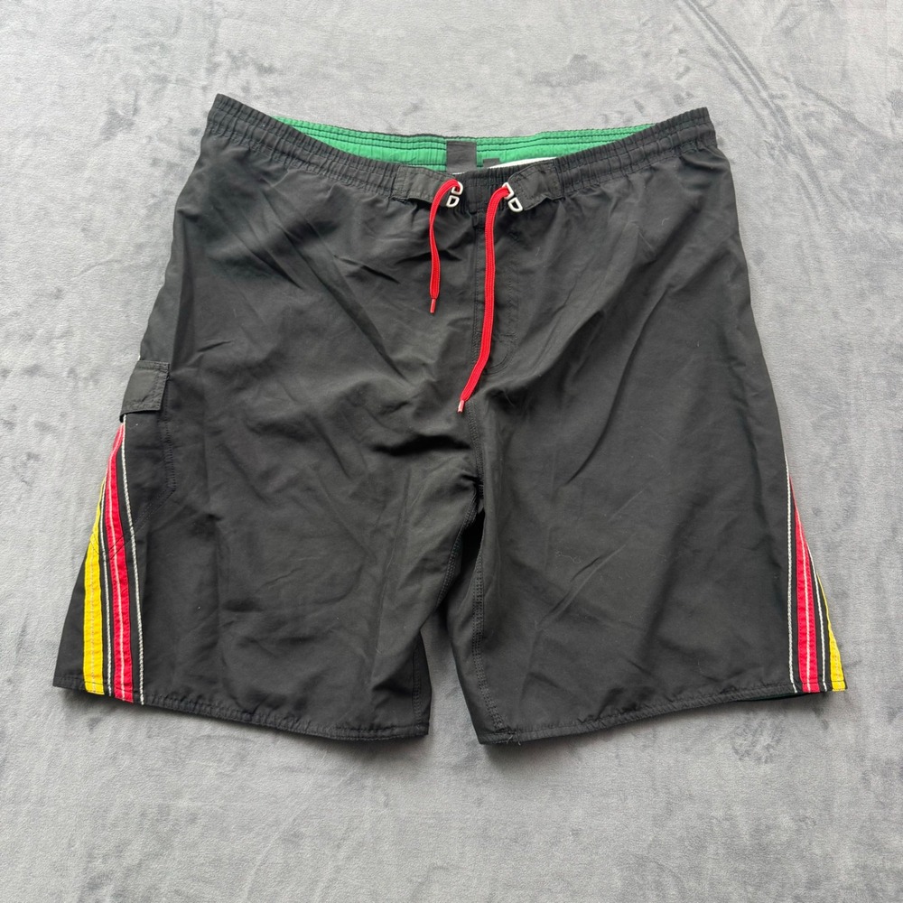 Burnside Mens Rasta Board Shorts Black Striped Swim Trunks Large